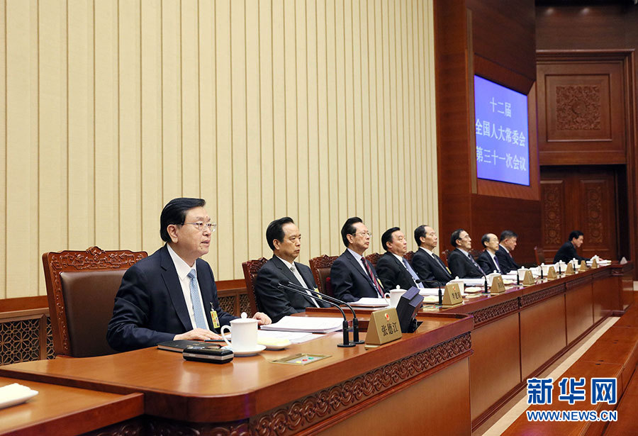 12月27日，全國人大常委會委員長張德江主持十二屆全國人大常委會第三十一次會議閉幕會。在會議完成各項表決事項后，張德江發表講話。新華社記者 劉衛兵 攝